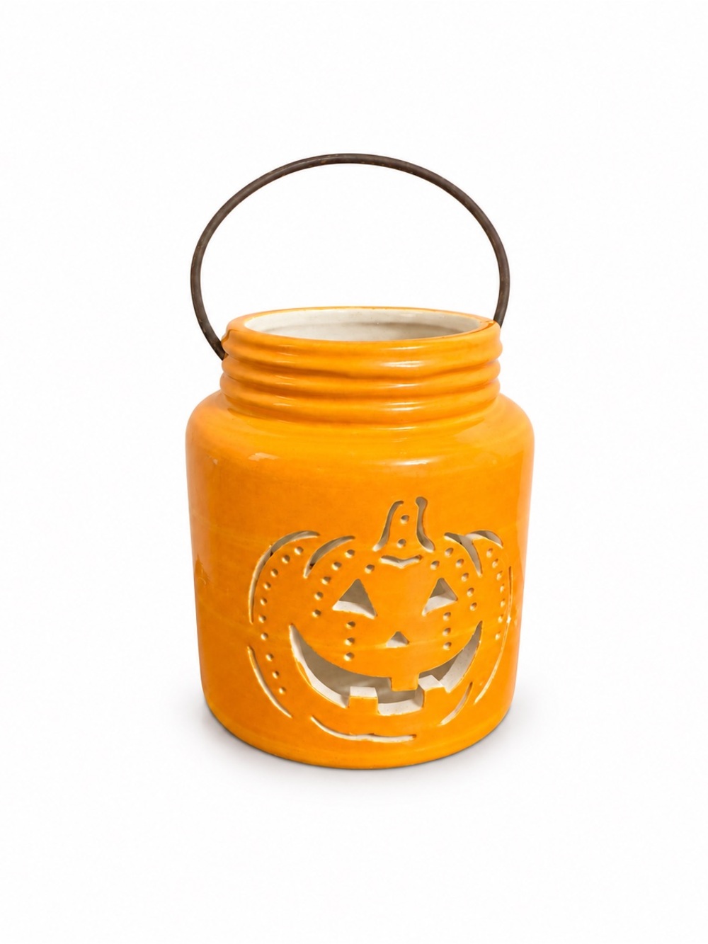 Halloween Ceramic Pumpkin Lantern Jack O Lantern Orange Metal Handle Fall Decor